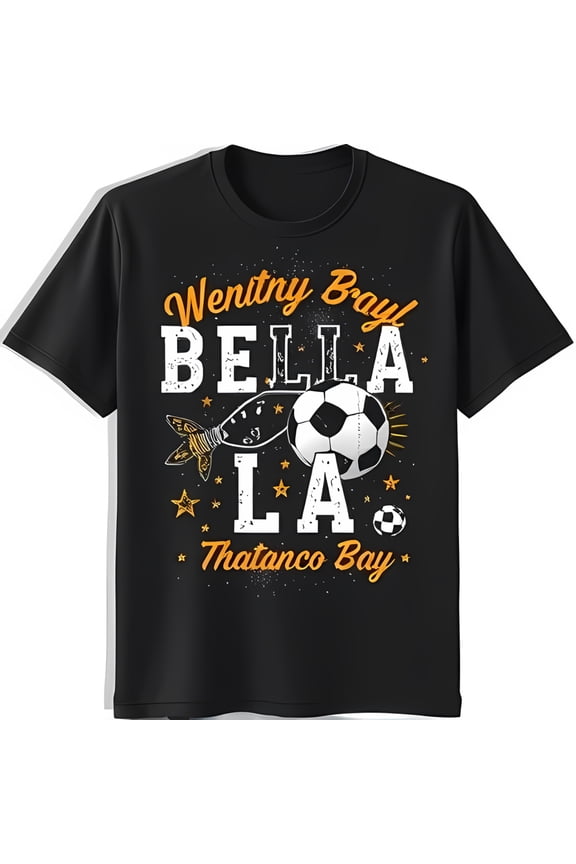 Black T-Shirt with Wentworth Bay Design Soccer Ball & Rocket Graphic