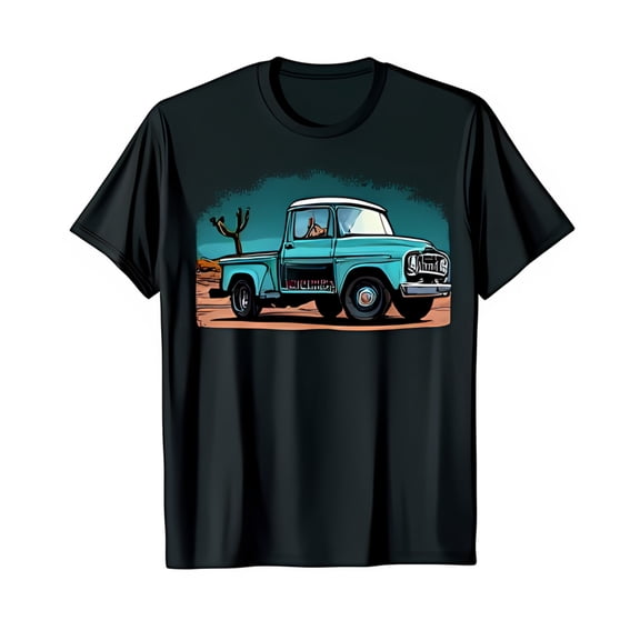 Black T-Shirt with Whimsical Blue Pickup Truck Illustration in Desert Scene