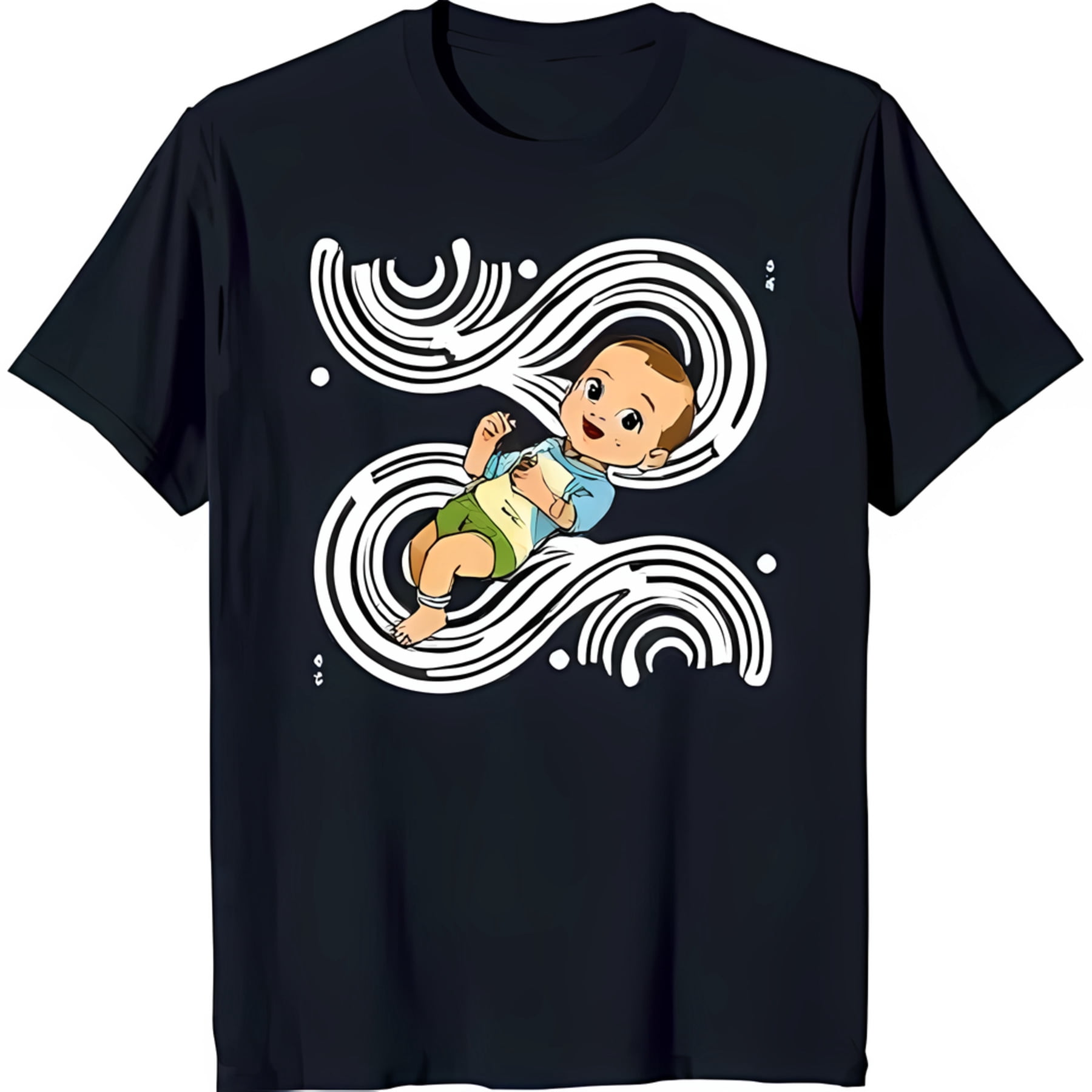 Whimsy Shirt Black T-Shirt with Whimsical Swirling Circle Design & Smiling Cartoon ...