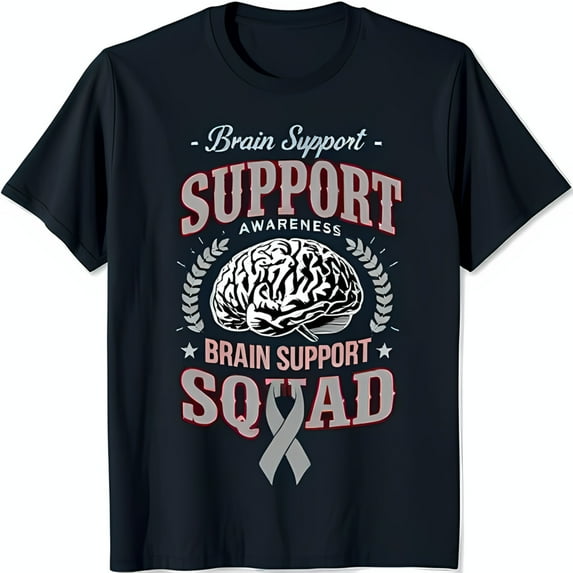 Black T-Shirt with White Brain Graphic & Gray Text Brain Support Squad Design