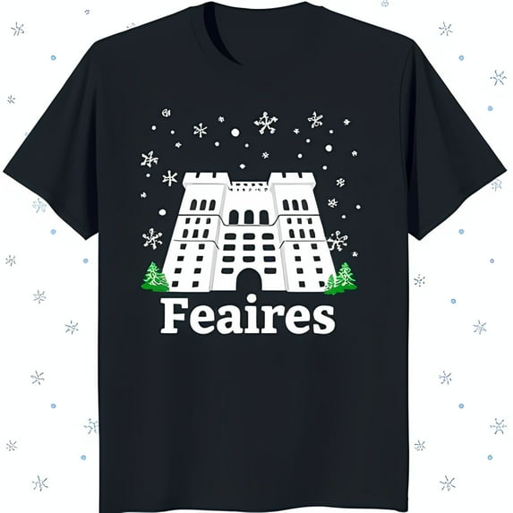 Black T-Shirt with White Castle Design 'Feires' Text Pattern