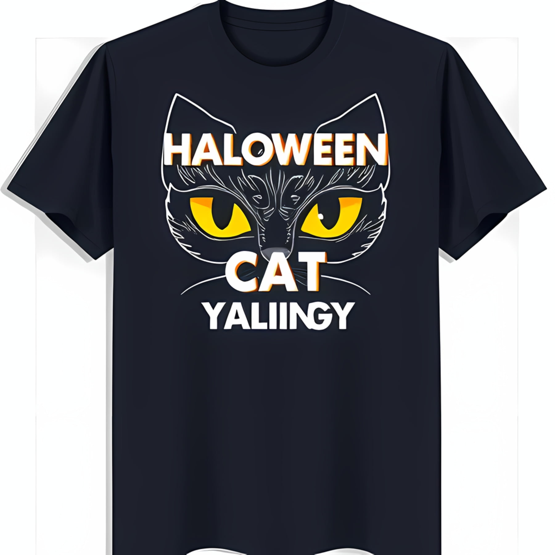 Black TShirt with White Cat Face and Yellow Eyes ' YALIINGY' Design