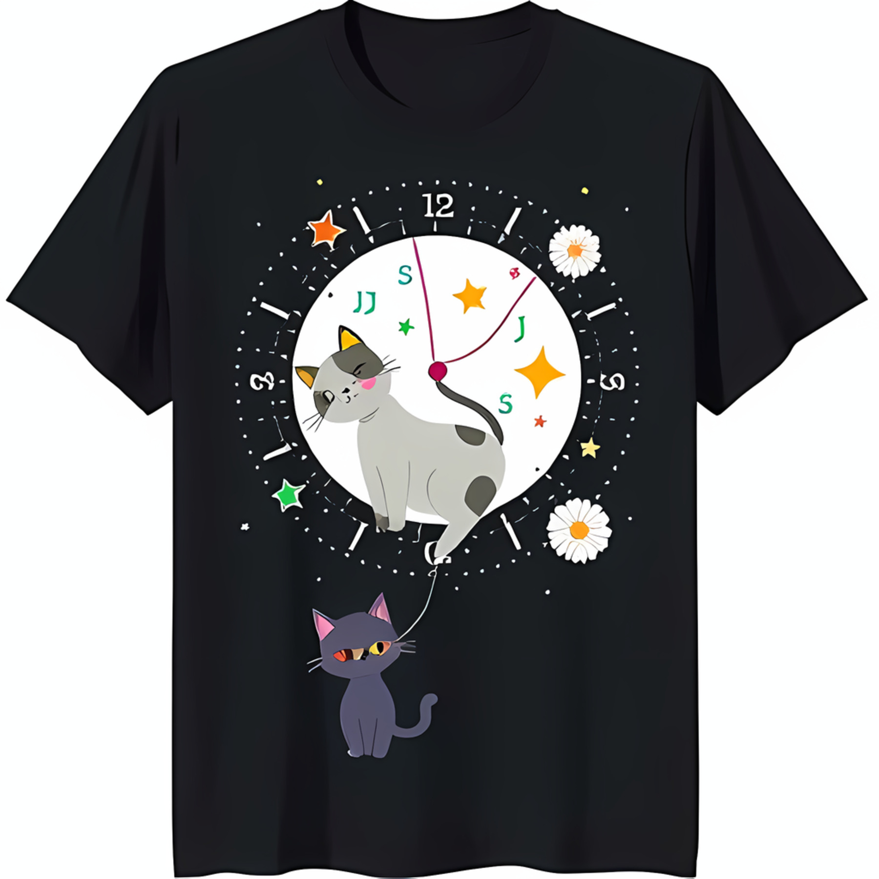 Black TShirt with White Cat Hanging from Clock Face & Black Cat Design