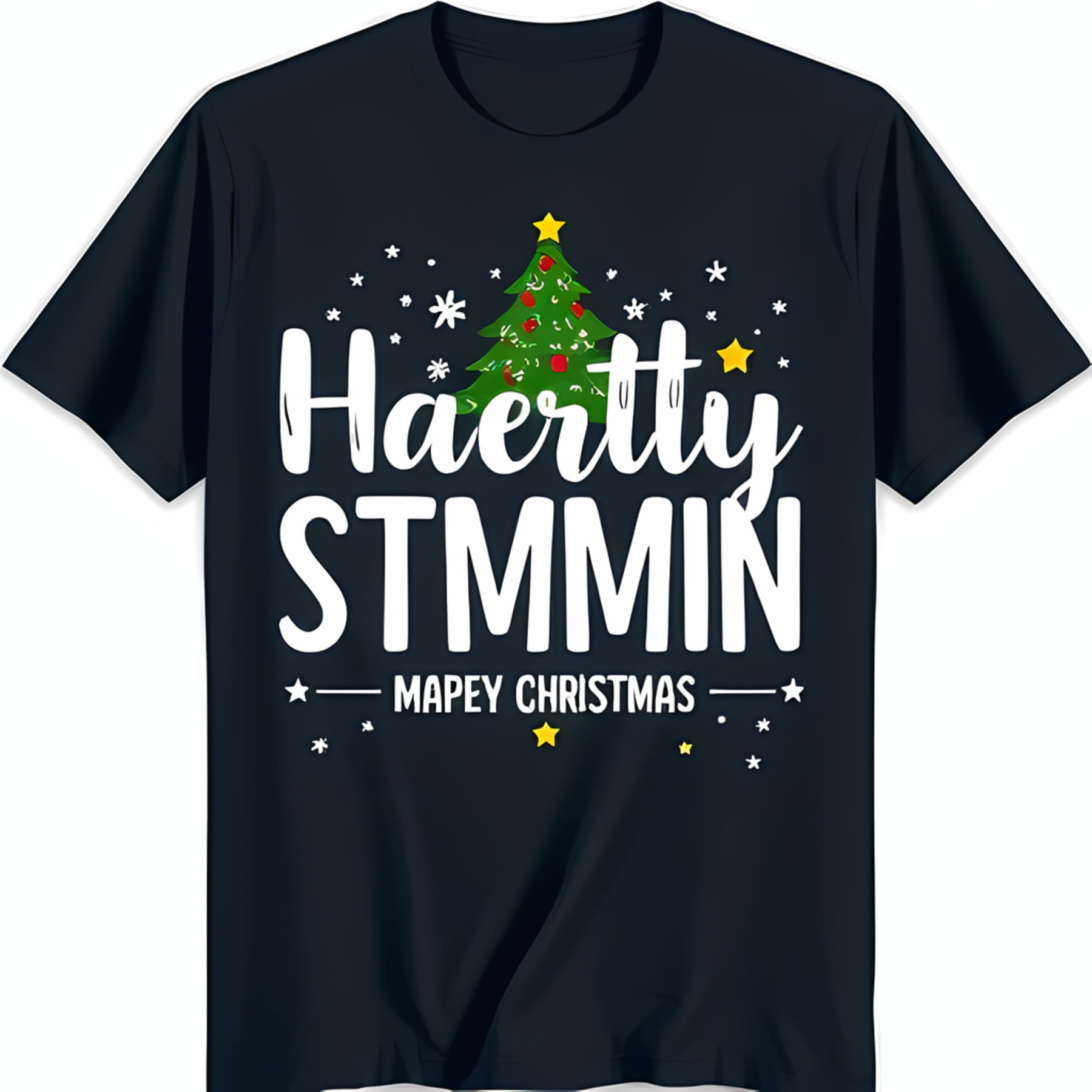 Black TShirt with White Christmas Tree Design and 'Hørtty STMMIN MAPEY