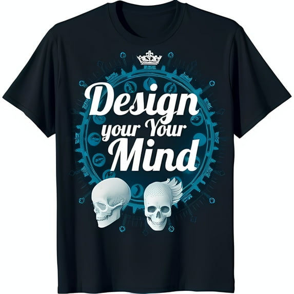 Black T-Shirt with White Circle Design Featuring Gears Crown and Skulls 'Design Your Mind' Graphic Tee