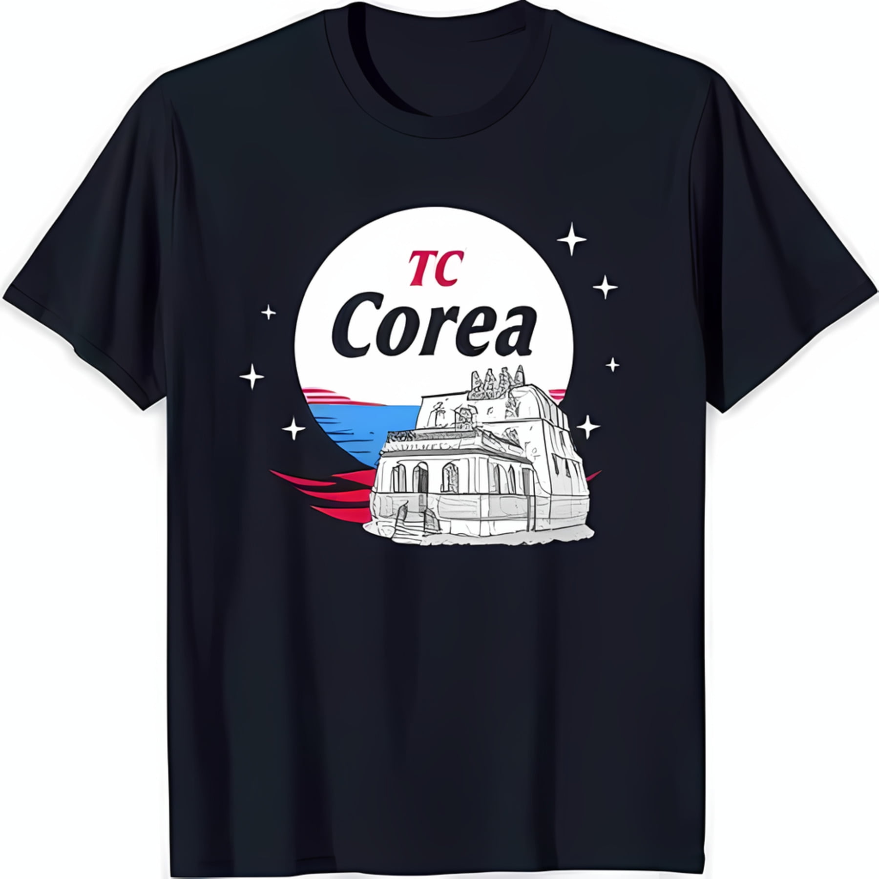 Black TShirt with White Circle Design Featuring Red & Blue Line