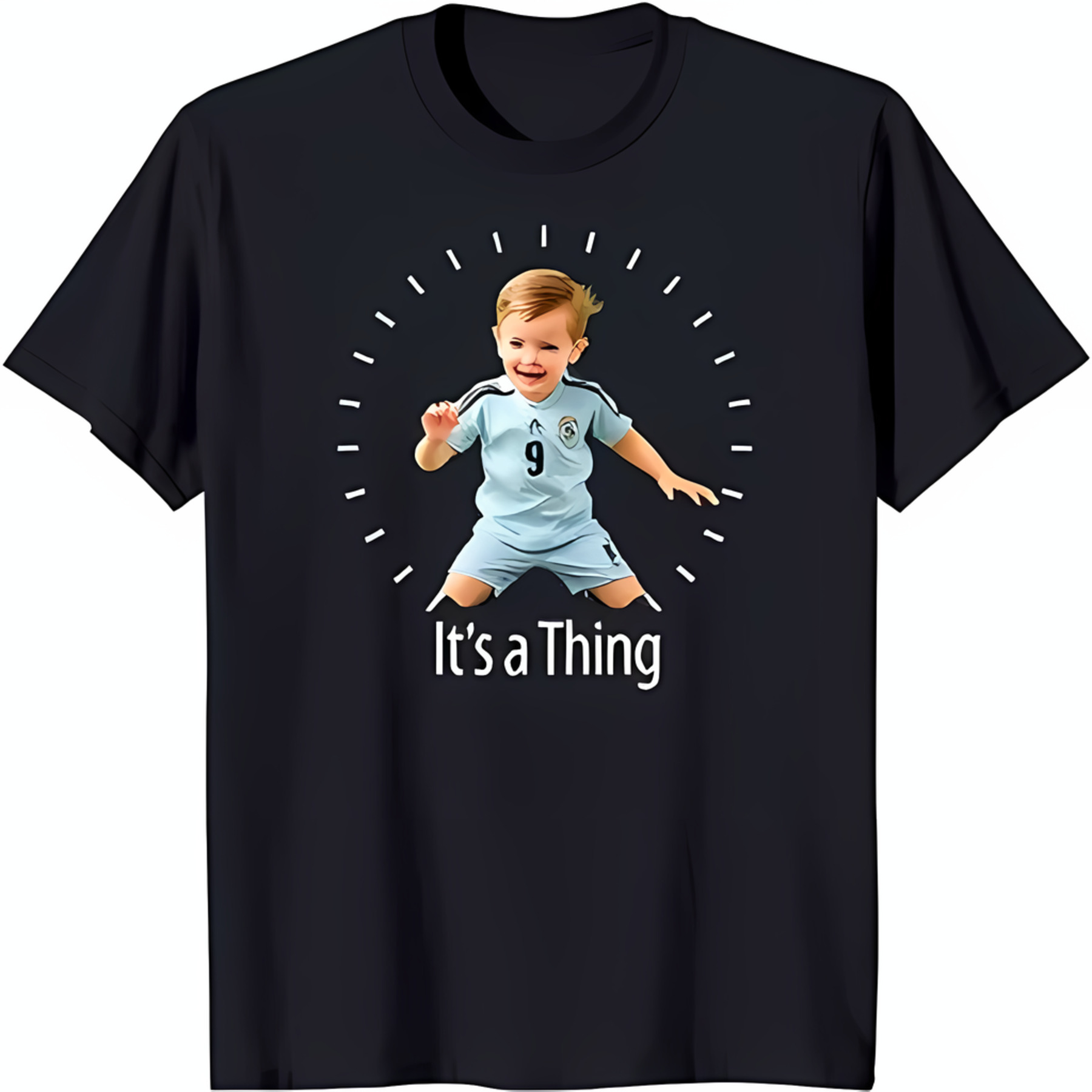 Black TShirt with White Circle Design Young Boy Kicking Soccer Ball
