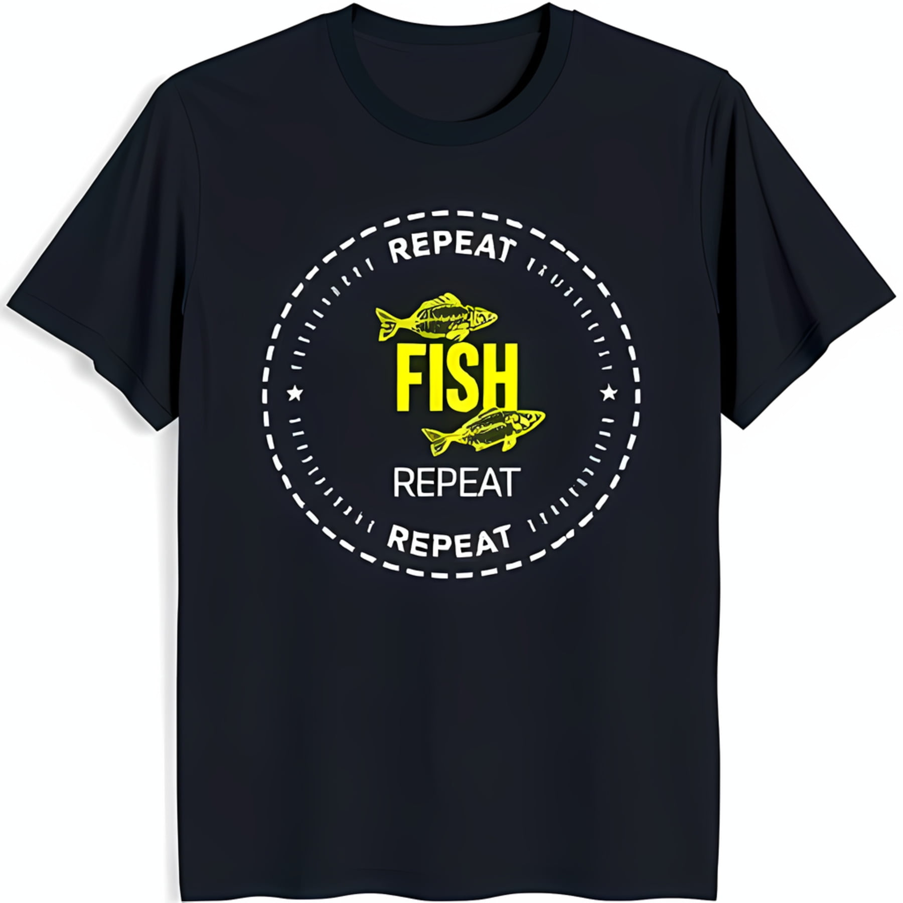 Black TShirt with White Circle Graphic & Yellow Fish 'REPEAT FISH