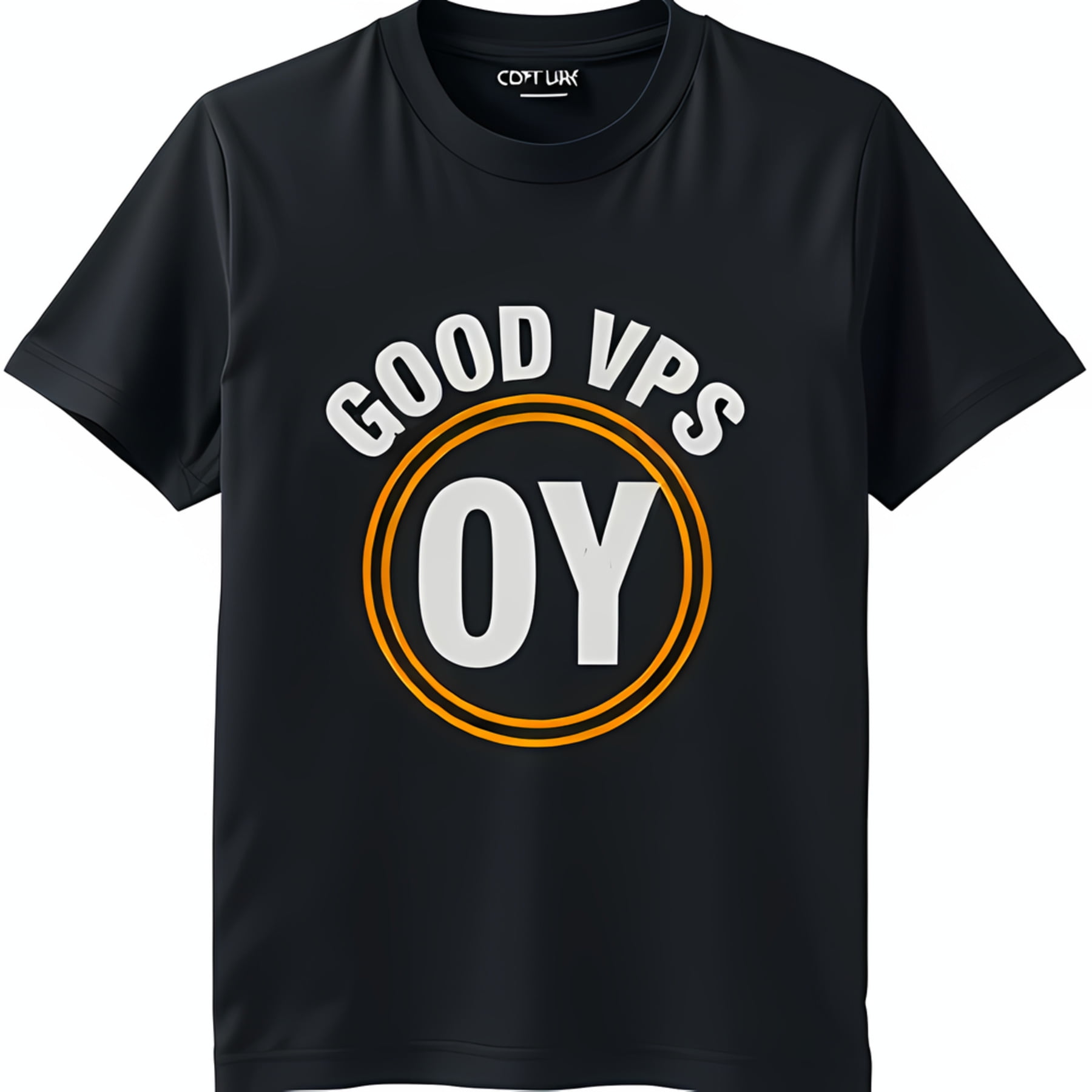 Black TShirt with White Circle & 'OY' Design Outline 'GOOD VPS' Text