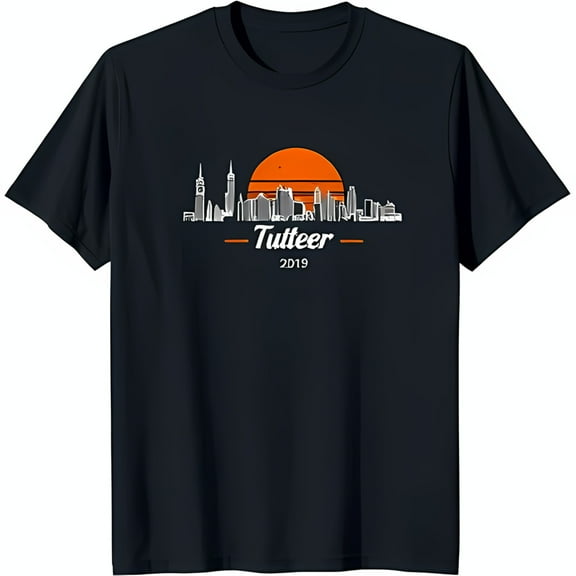 Black T-Shirt with White City and Sunset 'Tutteeer 2019' Design