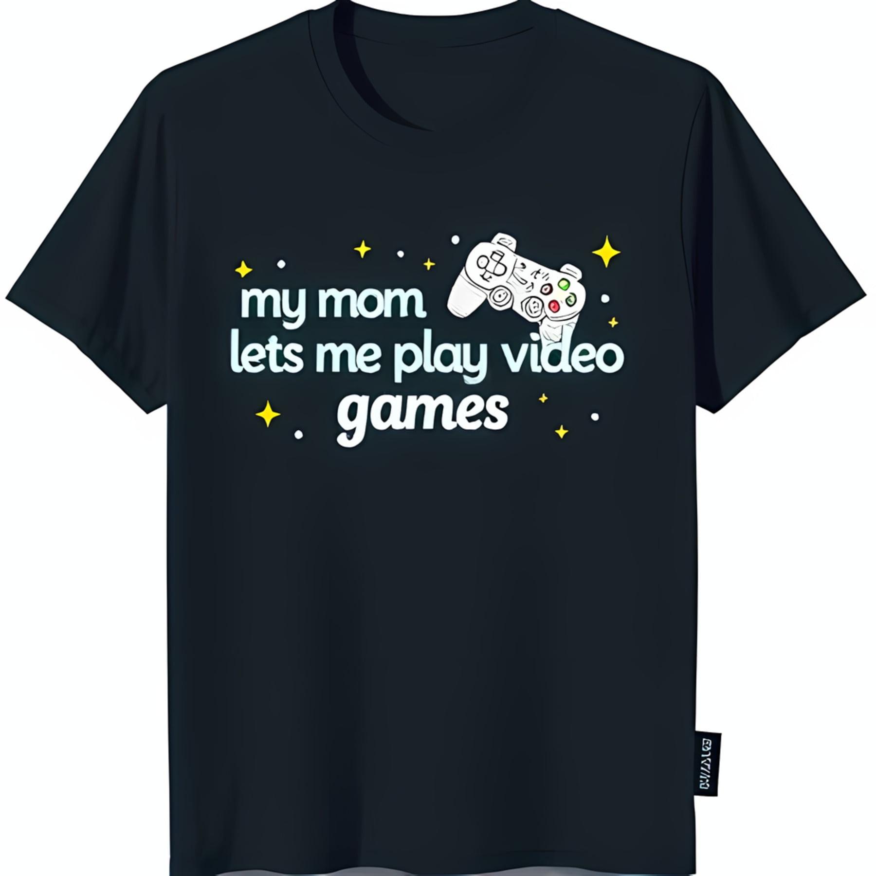 Black TShirt with White Controller & 'My Mom Lets Me Play' Design