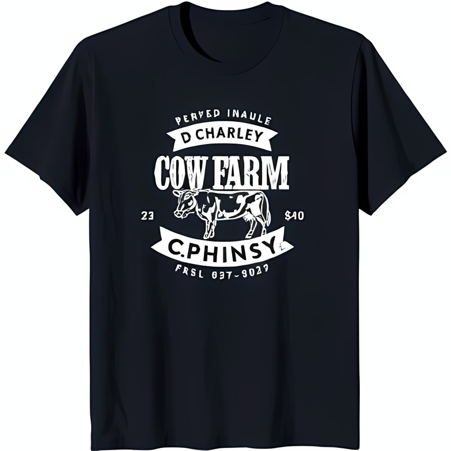 Black TShirt with White Cow Farm Design Farm Name Phone Number & Price