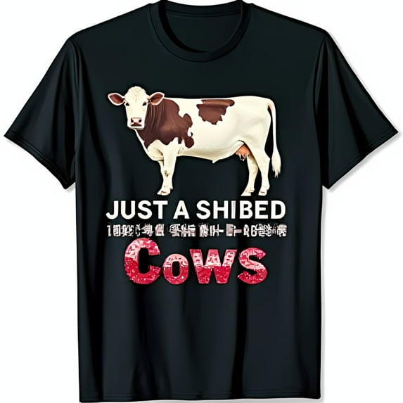 Black T-Shirt with White Cow Graphic JUST A SHIBED Text & Japanese Characters Fun Cow Design
