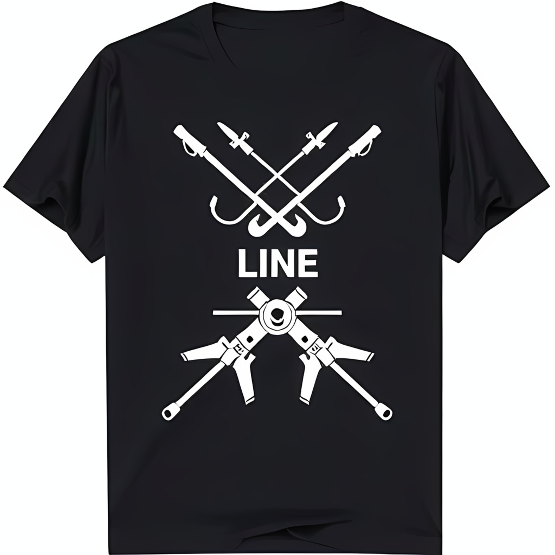 Black TShirt with White Crossed Graphic and 'LINE' Design