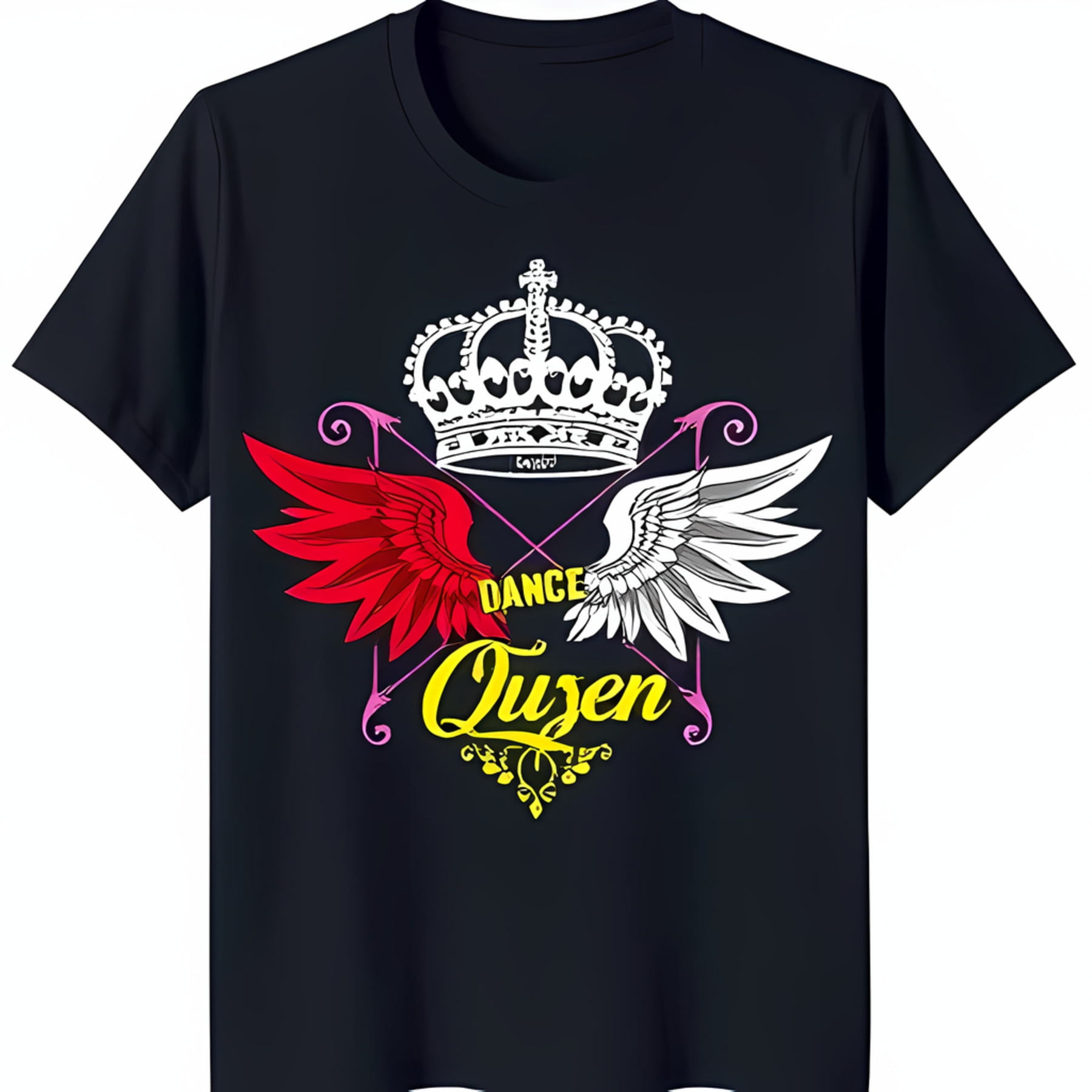 Black TShirt with White Crown Red & White Wings 'Dance Queen' Graphic Tee