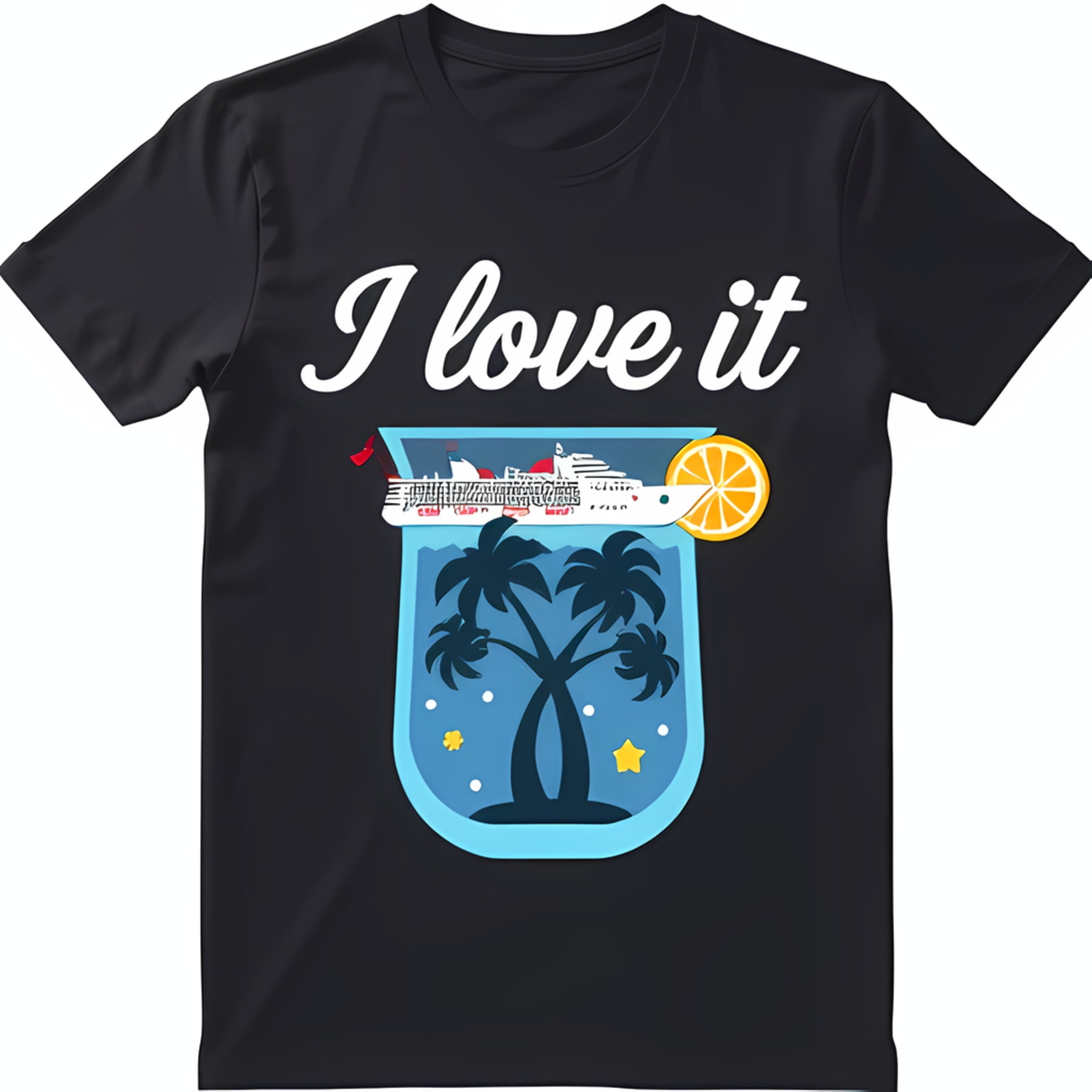 Black TShirt with White Cruise Ship Glass Design Lemon & Trees 'I Love
