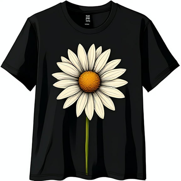 Black T-Shirt with White Daisy Print and Green Stem Floral Graphic Tee