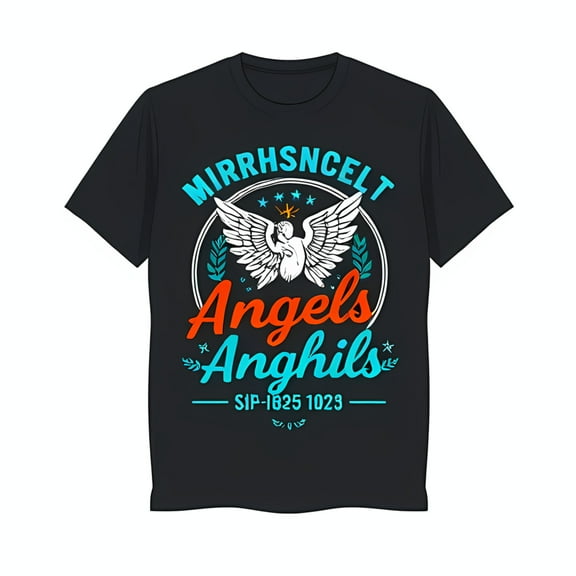 Black T-Shirt with White Design Colorful Circle & Unique Text