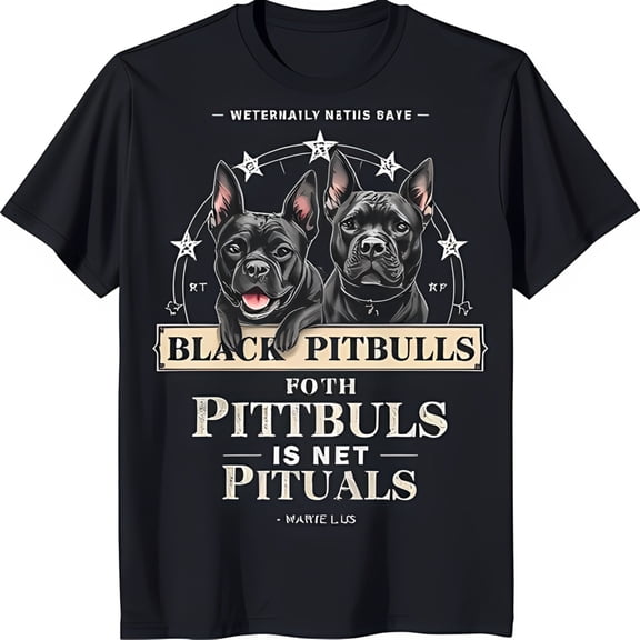 Black T-Shirt with White Design Featuring Two Pit Bulls 'BLACK PITBULLS' Banner