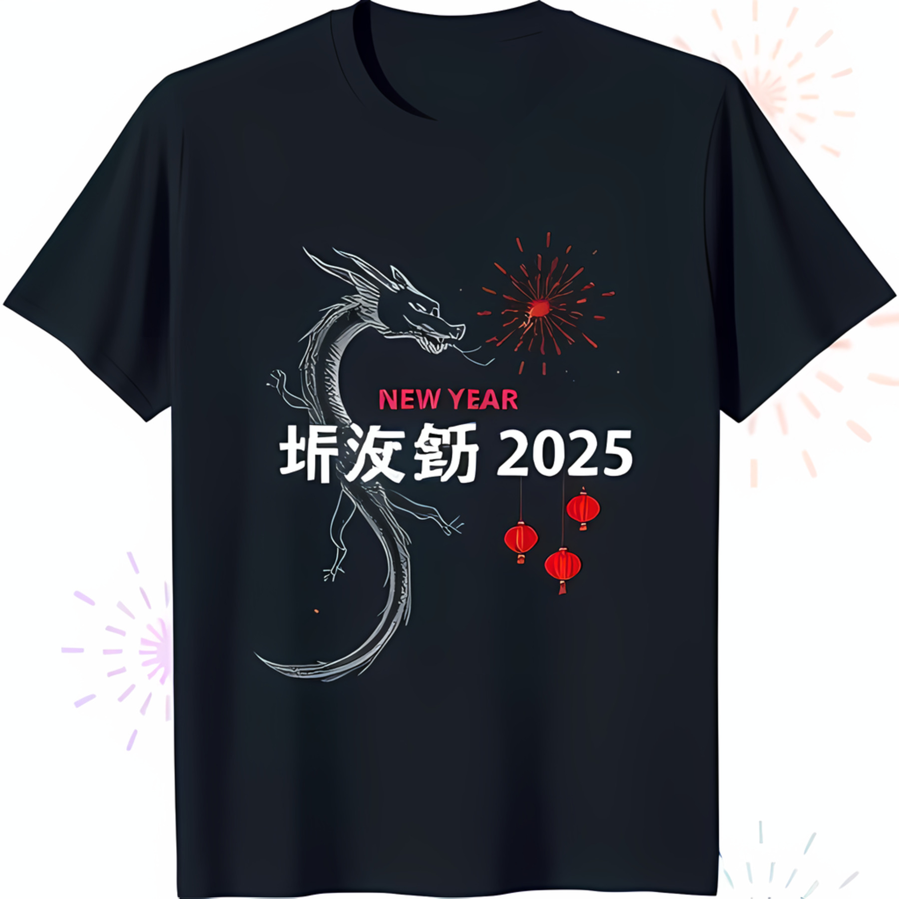 Black TShirt with White Design Red Lanterns and 'NEW YEAR' 2025 Print
