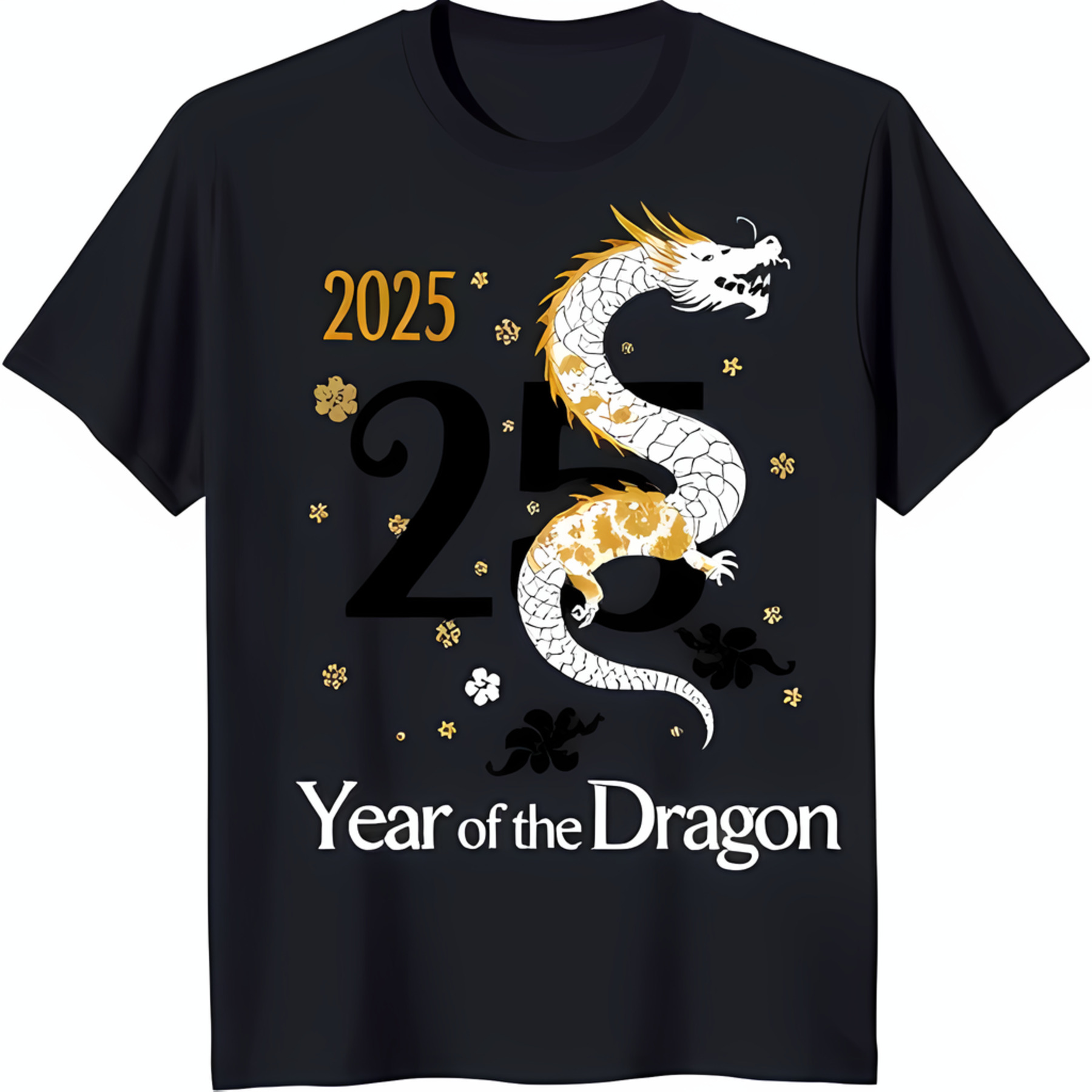 Black TShirt with White Design Wrapping Around Number 25 Year of the