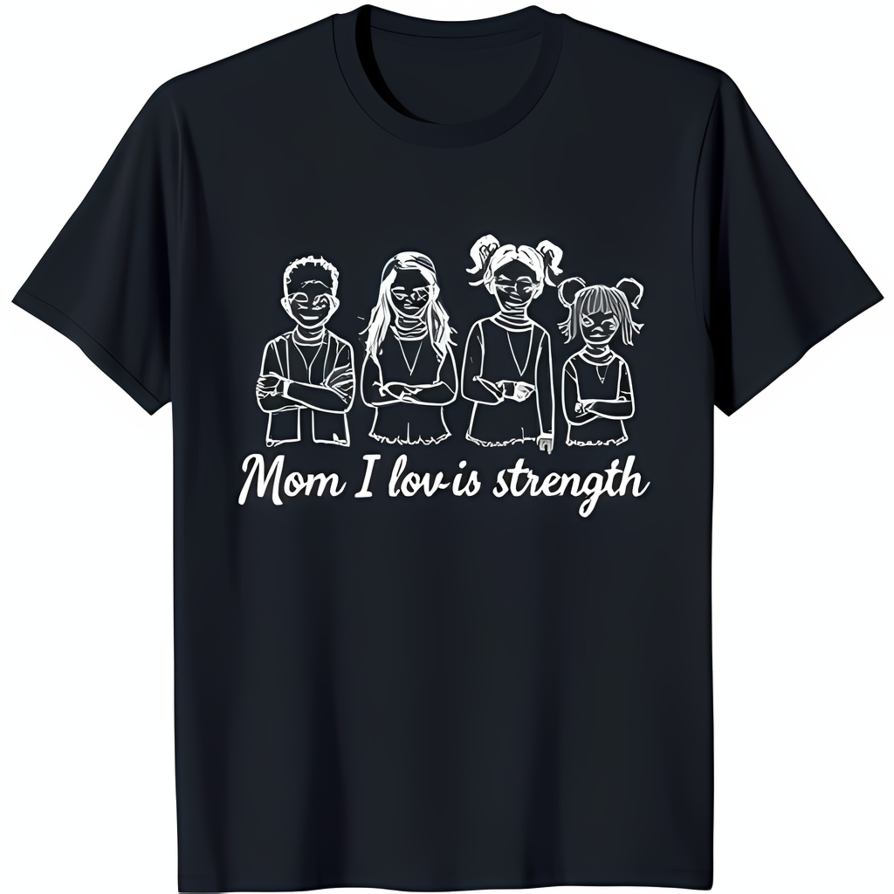 Black TShirt with White Design of Four & 'Mom I Love is Strength' Text