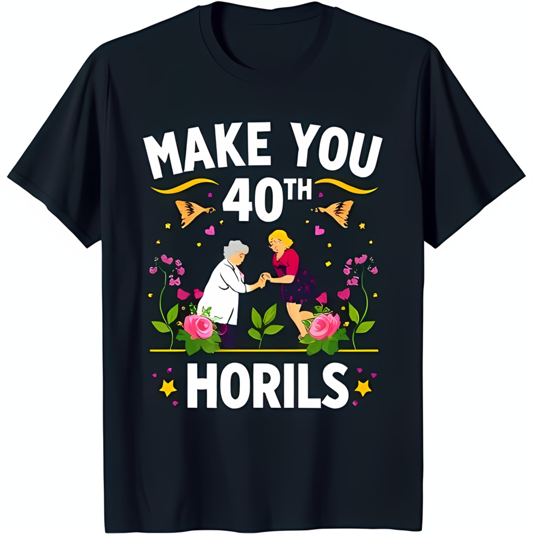 Black TShirt with White Design of Two Women Walking Flowers