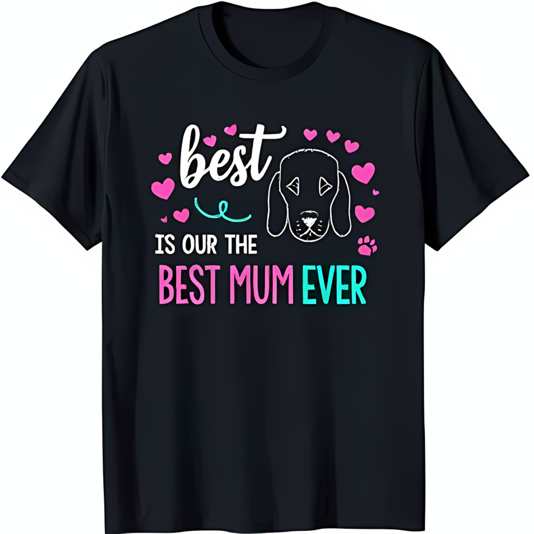 Black TShirt with White Dog Pink Hearts & 'Best Mum ' Graphic