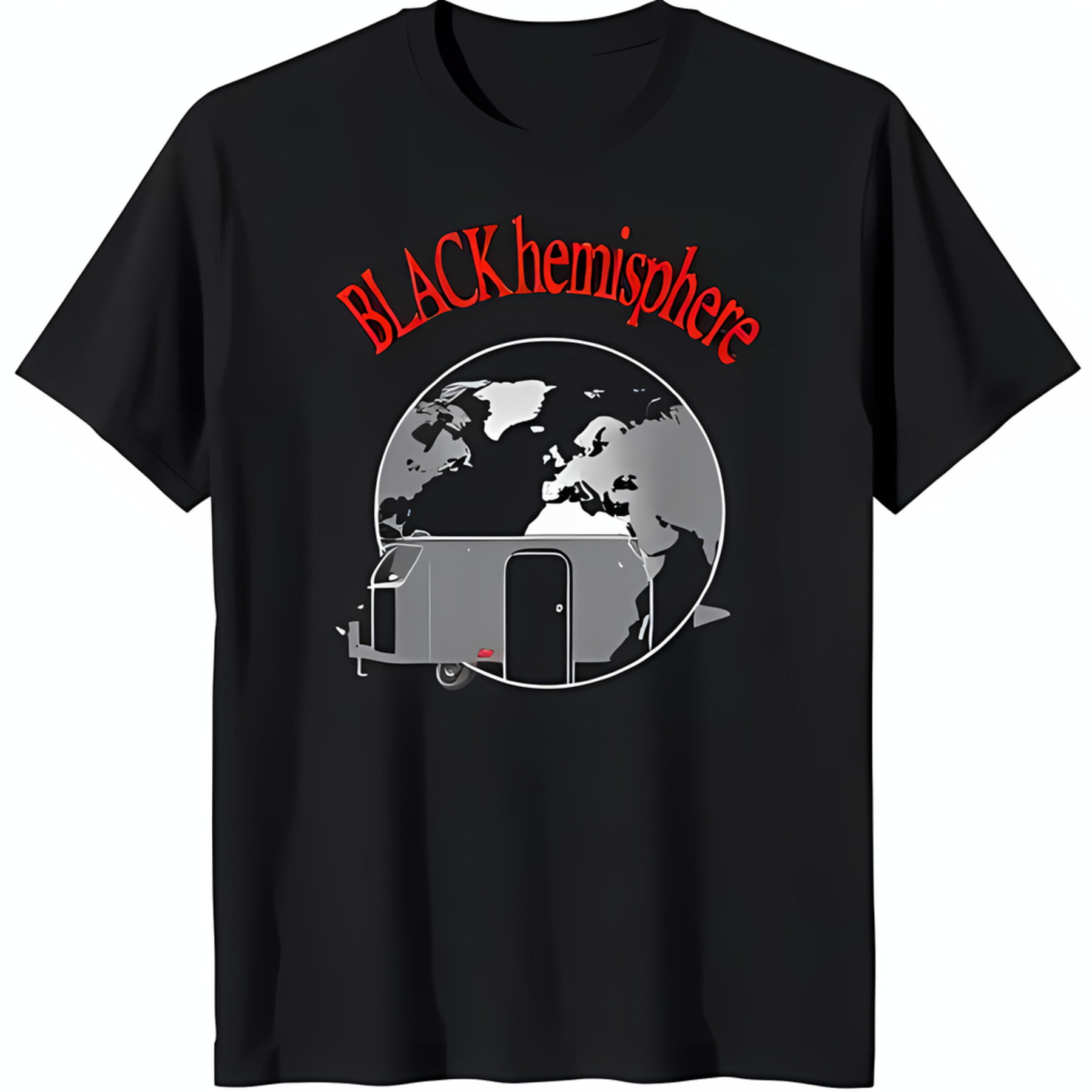 Black TShirt with White Earth Outline & 'Black Hemisphere' in Red