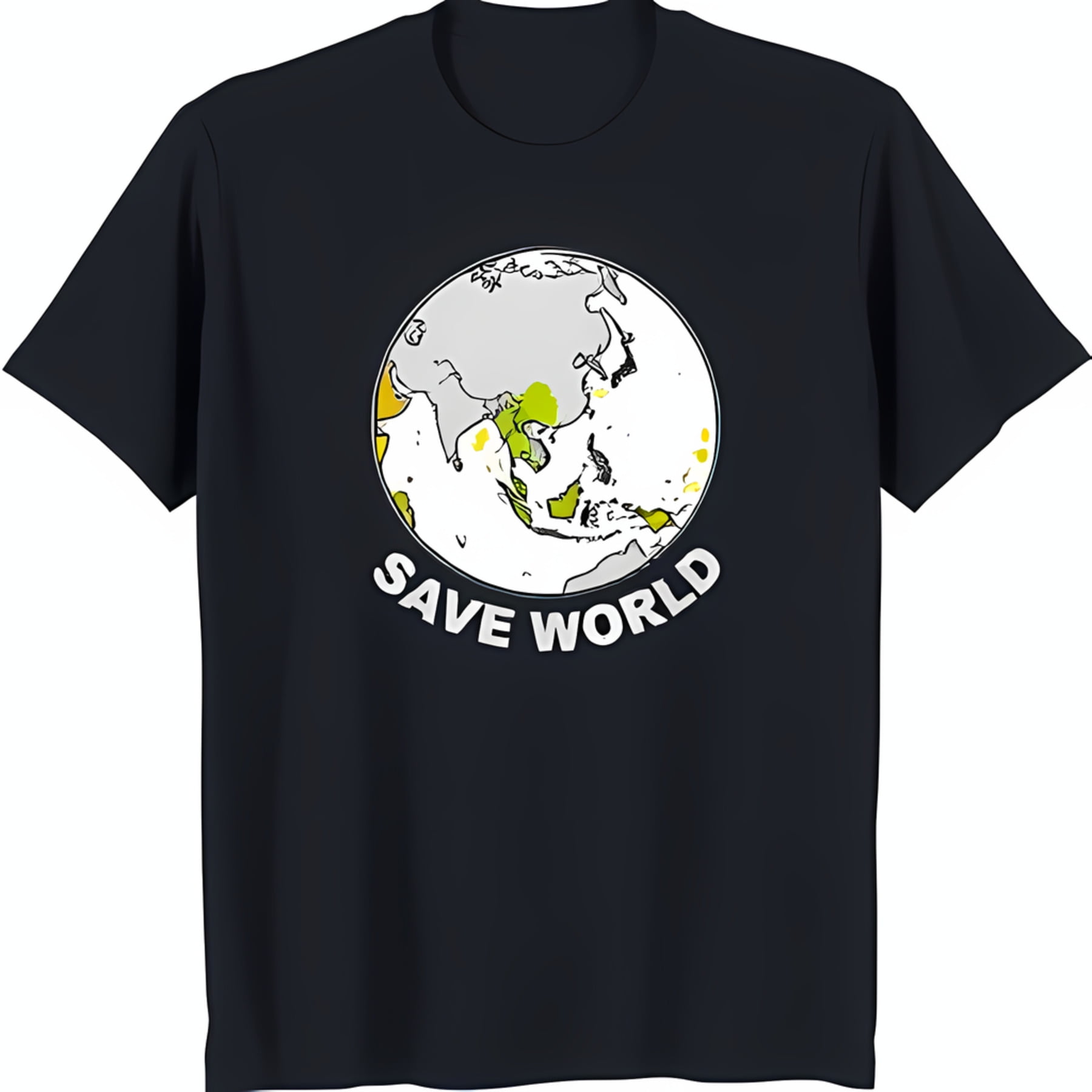 Black TShirt with White Earth Outline and 'SAVE WORLD' Text Eco Friendly Design