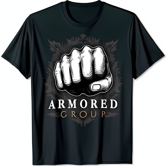 Black T-Shirt with White Fist Graphic & Intricate Design ARMORED GROUP Text