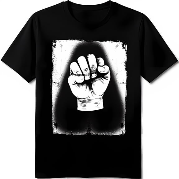 Black T-Shirt with White Fist Graphic Strong Solidarity & Design