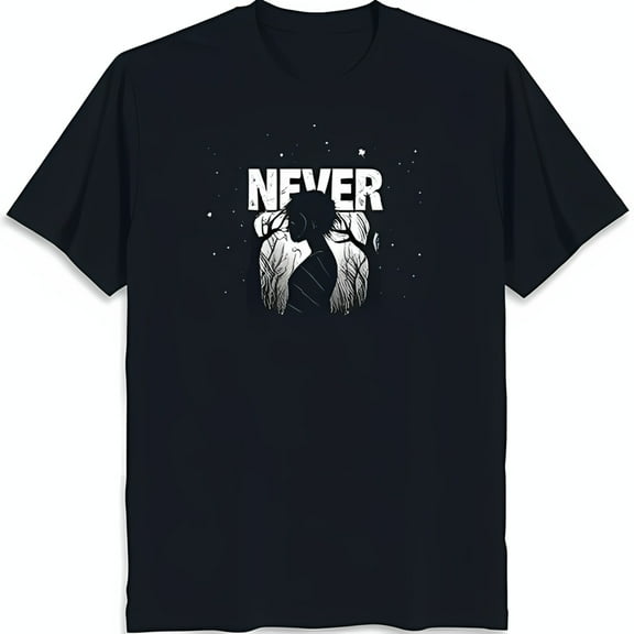 Black T-Shirt with White Forest Graphic and 'NEVER' Text Starry Design