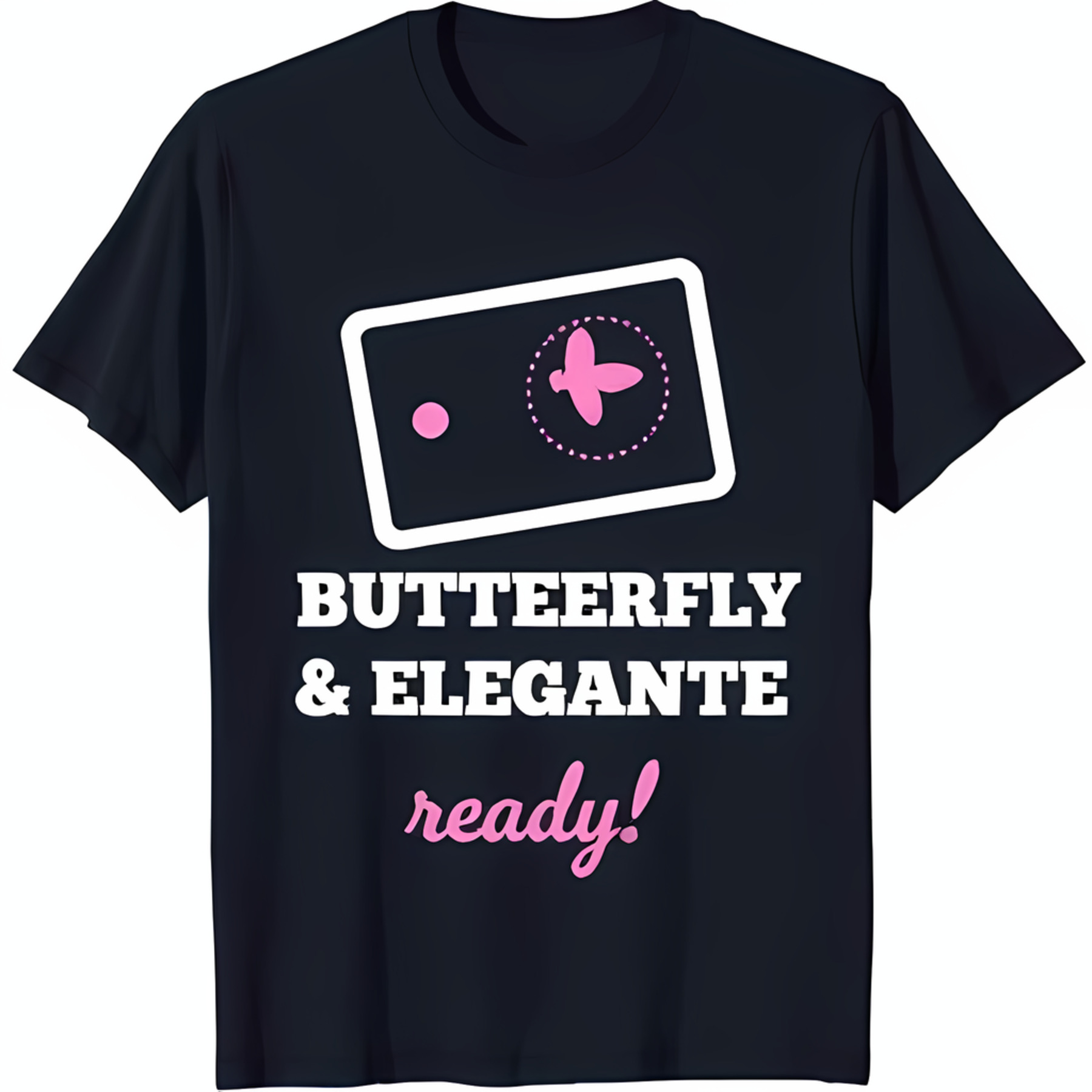 Black TShirt with White Game Outline and Pink Butterfly Design