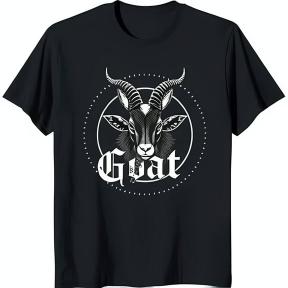 Black T-Shirt with White Goat Head Graphic and 'Goat' Text Neck Design