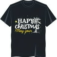 Black TShirt with White & Gold Tree Design 'Happy Christmas May Your' Graphic Tee