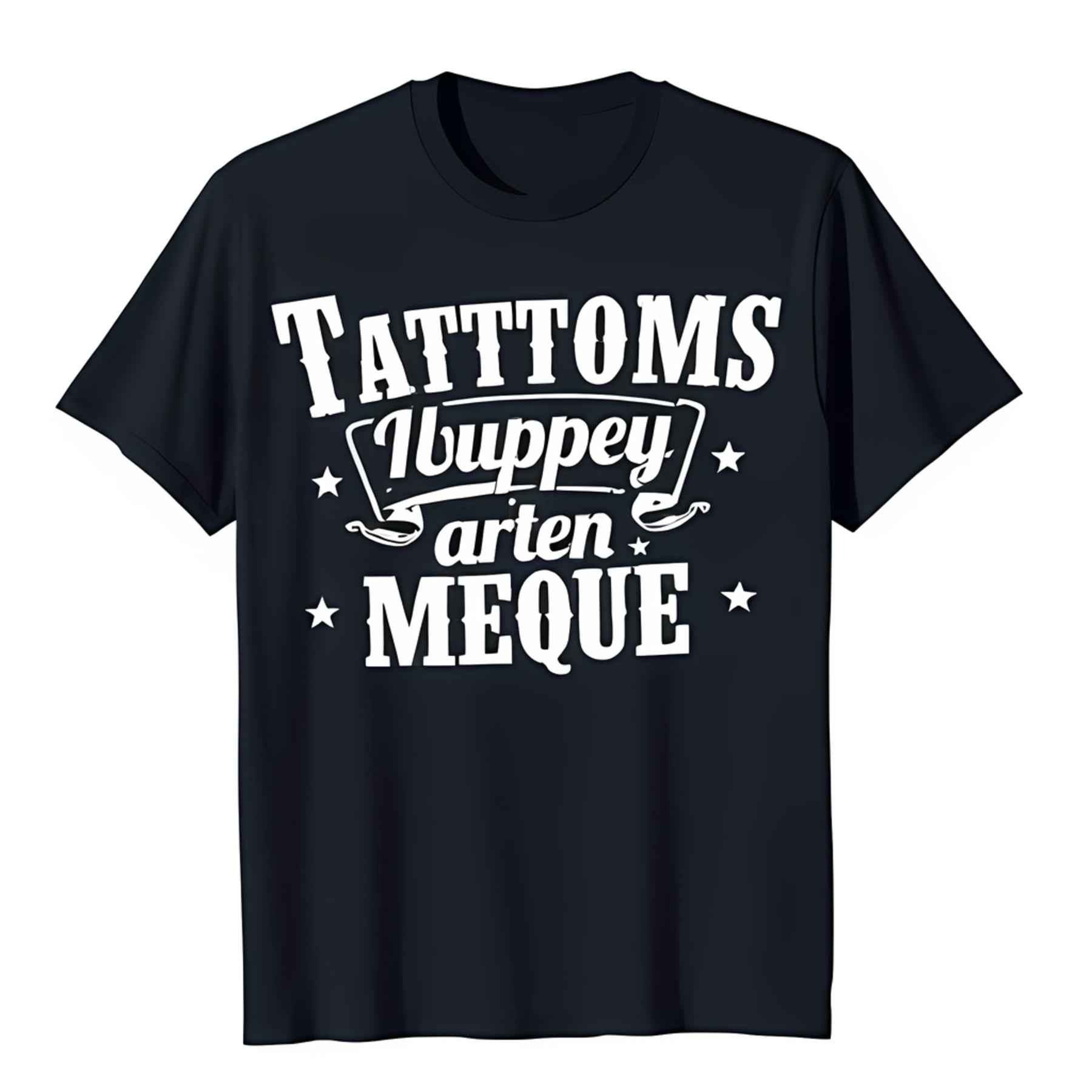 Black T-Shirt with White Graphic Banner Design 'Tatttoms Wuppy arten ...