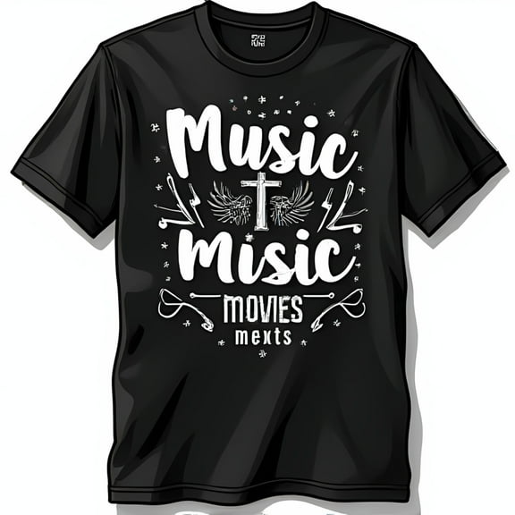 Black T-Shirt with White Graphic Design Wings & Bolts Music Music Movies Next Print