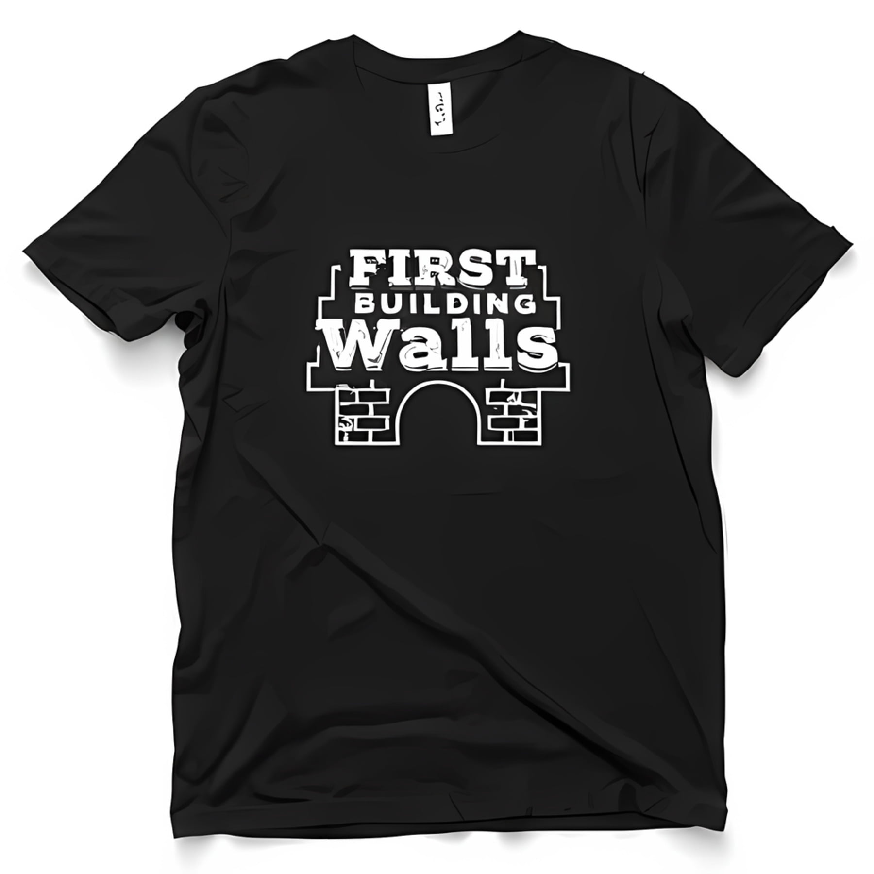 Black TShirt with White Graphic Design of Block Wall 'FIRST BUILDING