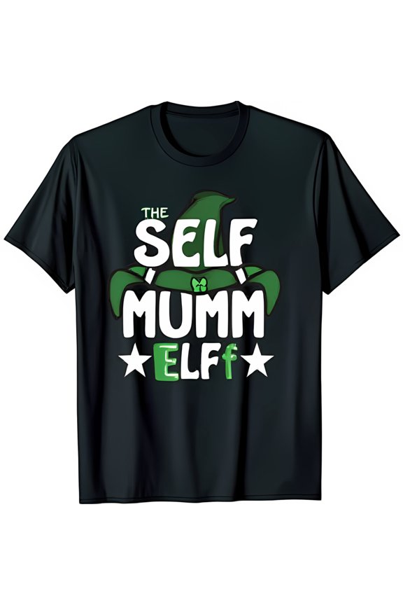 Black T-Shirt with White Graphic Green Hat & The Self Mumm Design