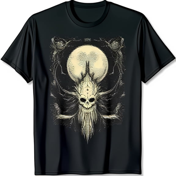 Black T-Shirt with White Graphic Long Beard & Third Eye Full Moon Design