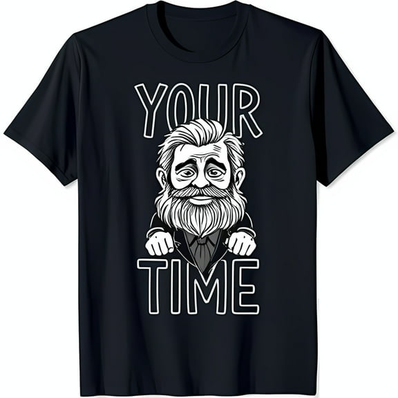 Black T-Shirt with White Graphic of Bearded Man Peeking 'YOUR ' Design