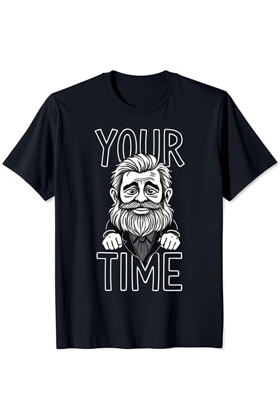 Black T-Shirt with White Graphic of Bearded Man Peeking 'YOUR ' Design