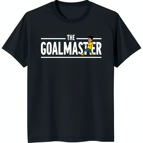 Black T-Shirt with White Graphic of Boy Playing Soccer 'THE GOALMASTER'