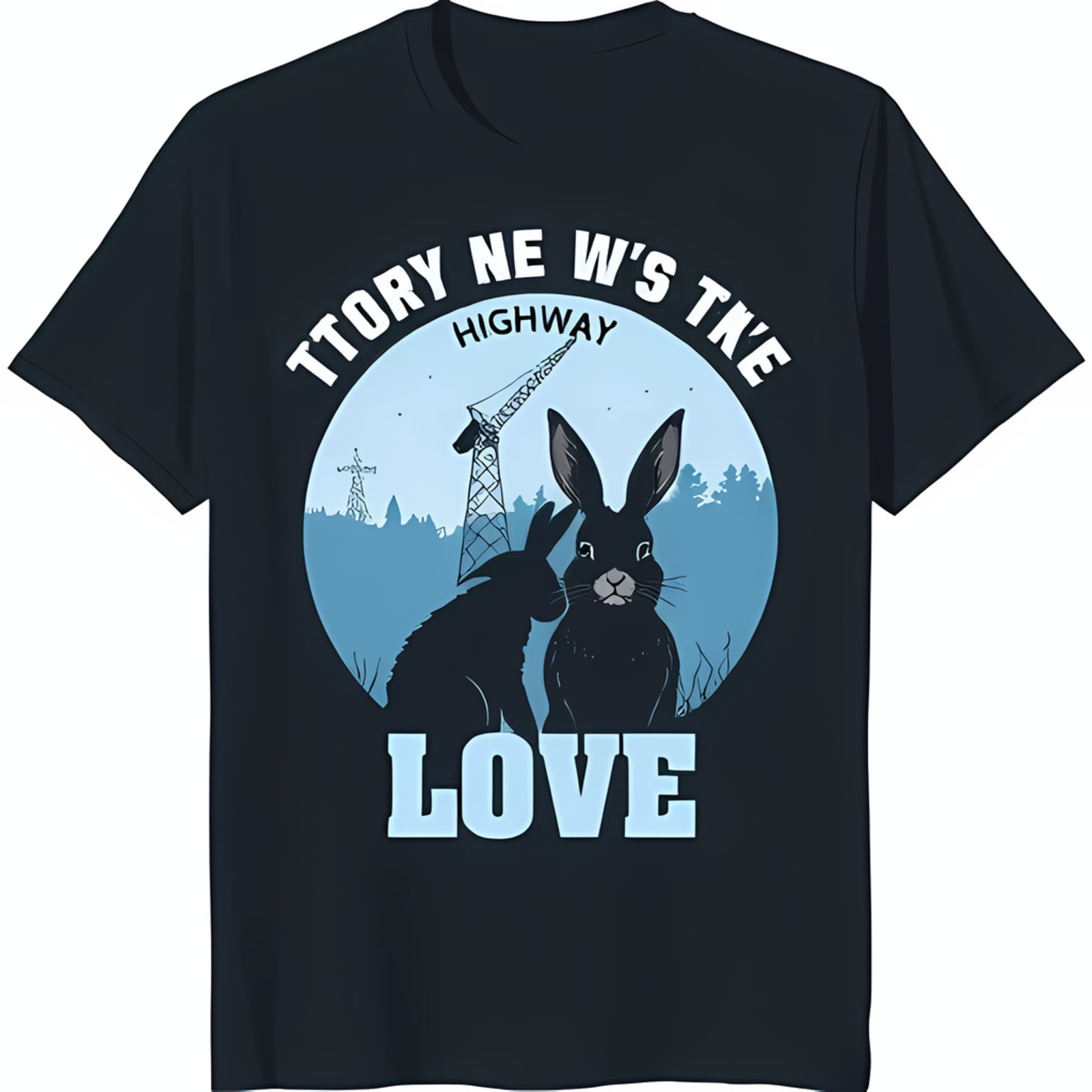Black T-Shirt with White Graphic of Two Rabbits in a Field and Circle ...