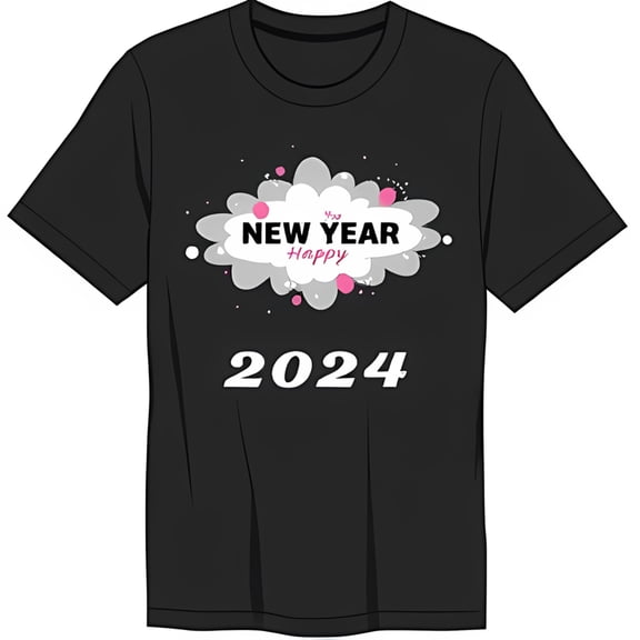 Black T-Shirt with White 'Happy New Year' Speech Bubble Design & 2024 Print