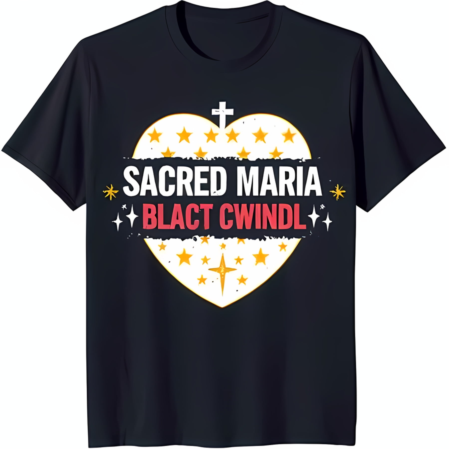 Black TShirt with White Heart & Gold Stars 'Sacred Maria Black Cwindl' Design