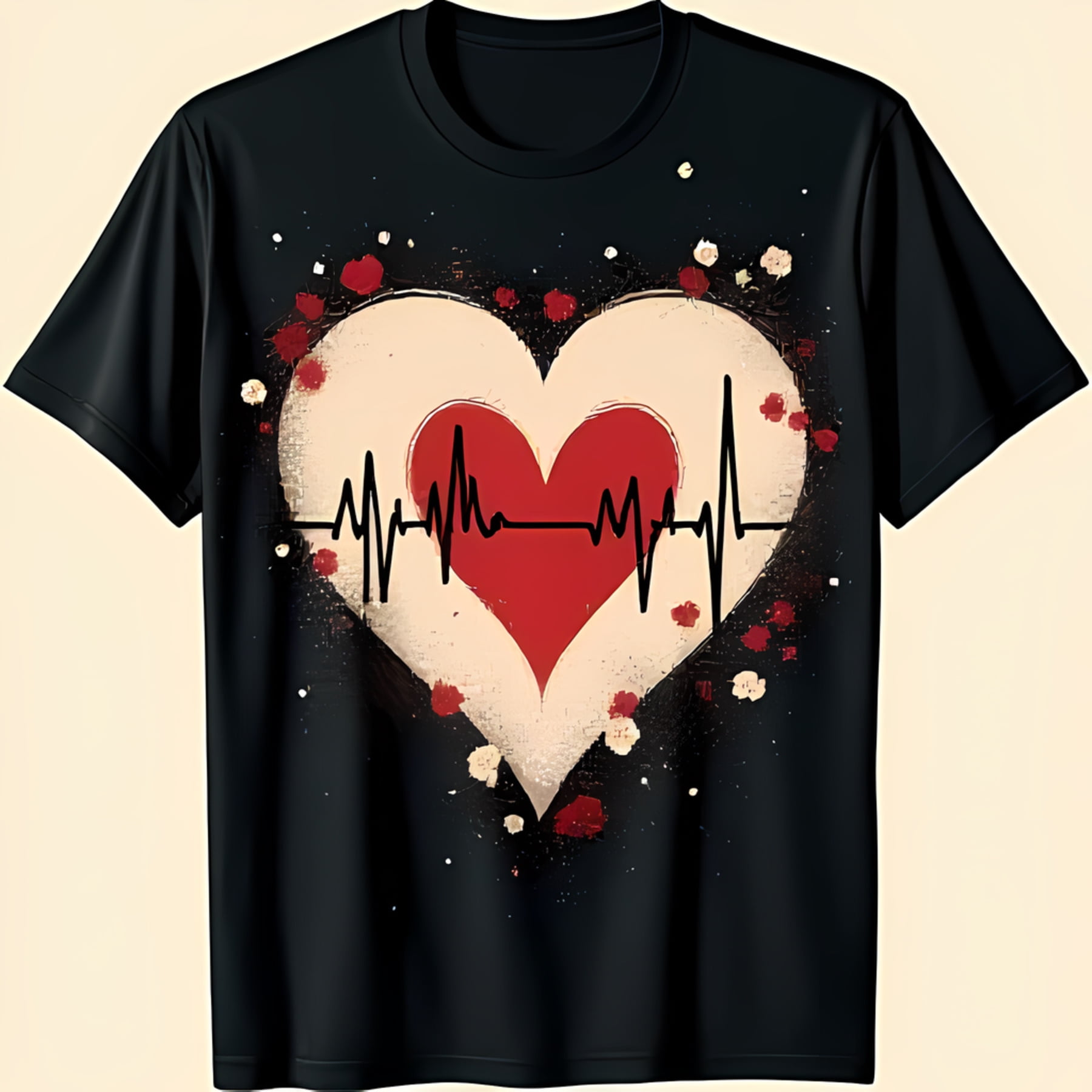 Black TShirt with White Heart Red Heart EKG Line & Floral Design
