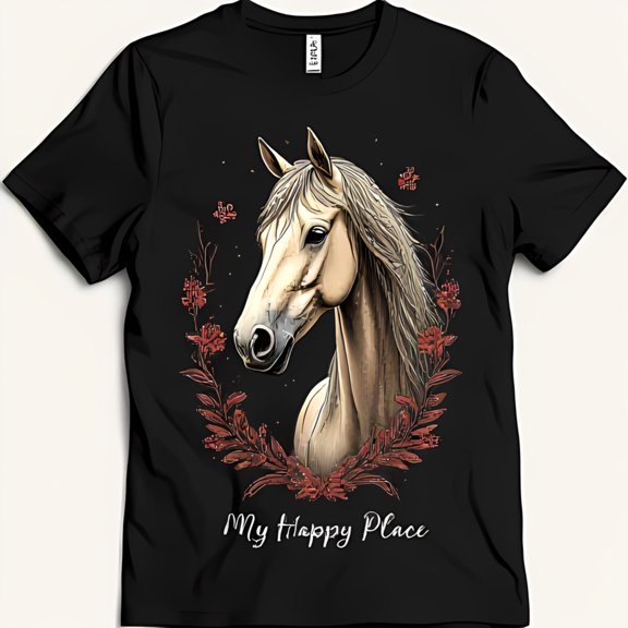 Black T-Shirt with White Horse Graphic Brown & Red Flowers My Happy Place