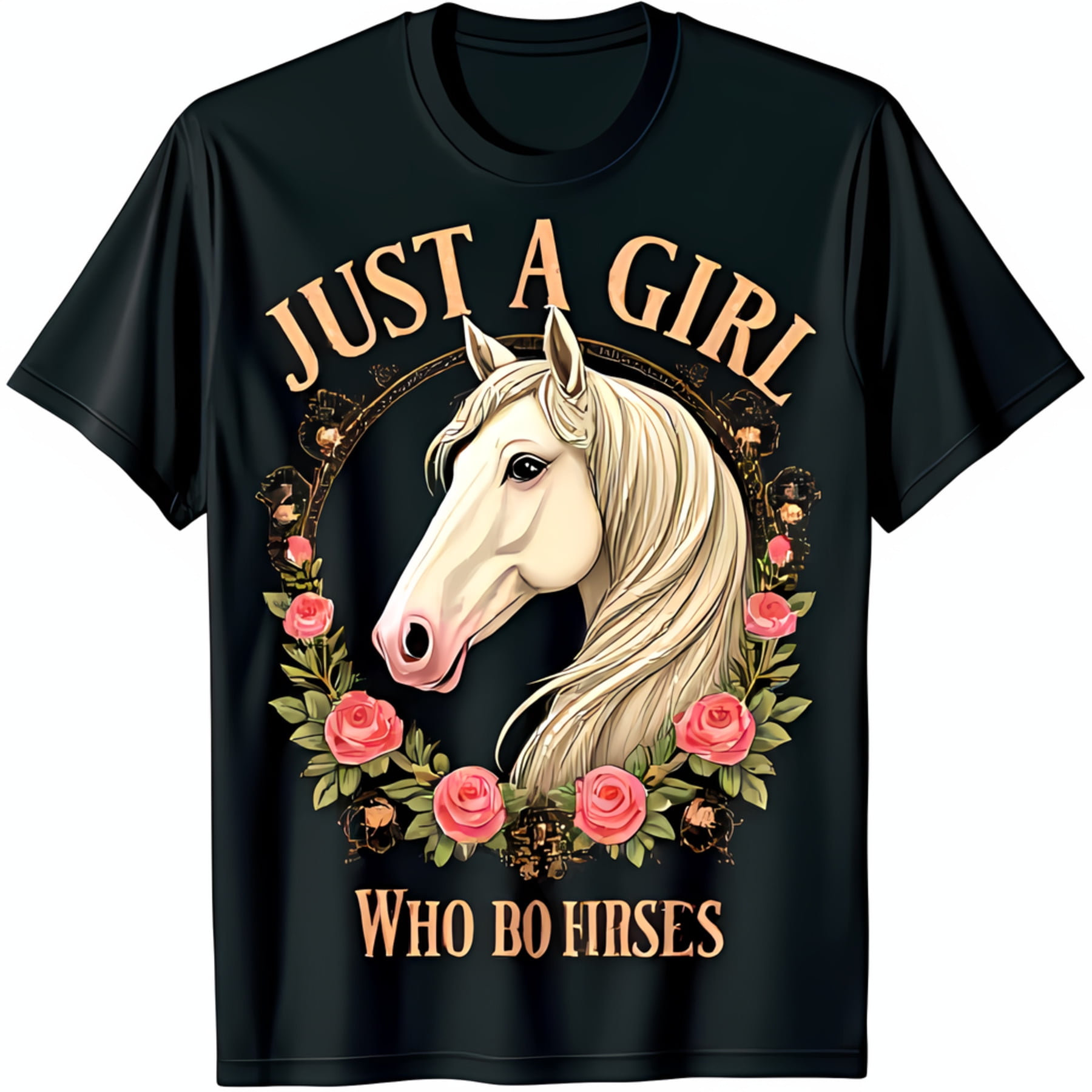 Black TShirt with White Horse Head & Floral Design 'Just a Girl Who Bo